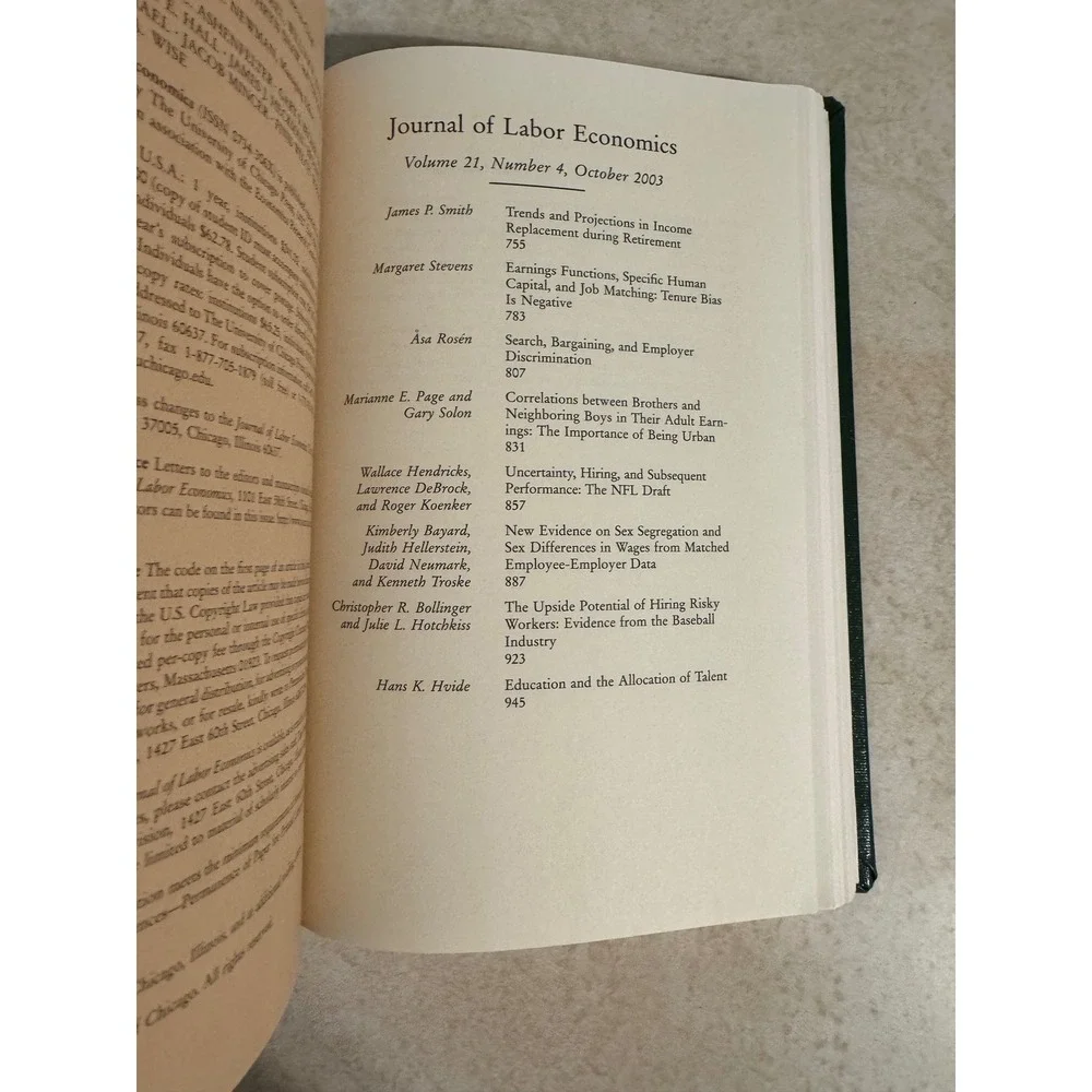 Journal of Labor Economics Vol 21 No 3-4 2003 Hardcover University Library Bound